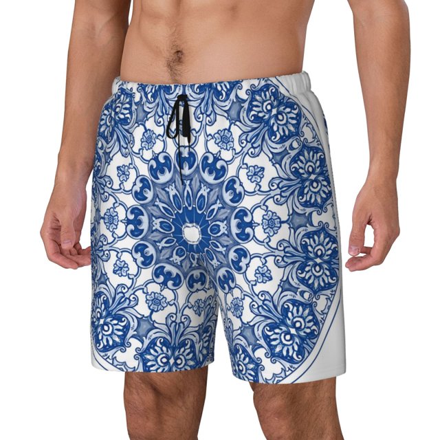 Balery Blue Watercolor Bañador para hombre, shorts de playa de secado rápido con entrepierna y forro de compresión-Large
