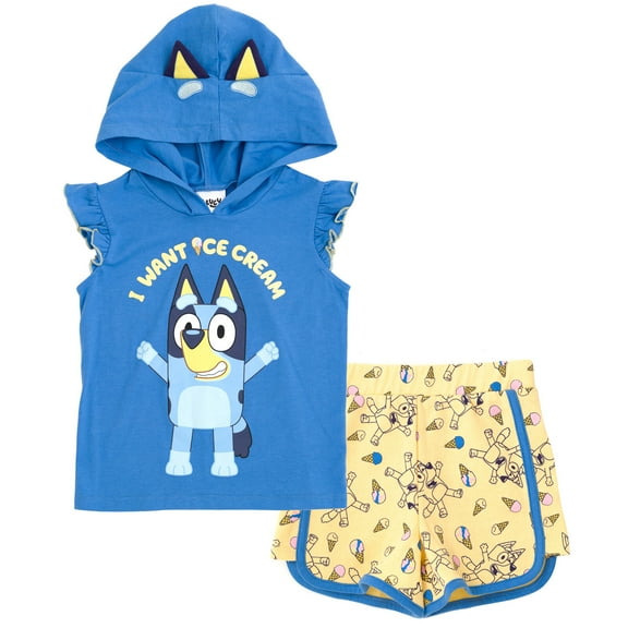 Bluey Toddler Girls' Cosplay 2-Piece Hooded Tank and Shorts Set Blue Yellow