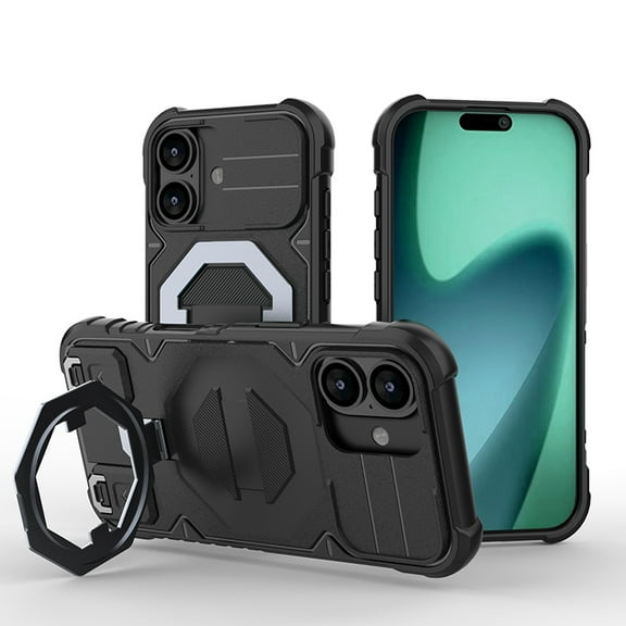 for iPhone 17 Armor Shockproof Protective Portable Ourdoor Case with Lanyard, Magnetic Kickstand Anti-Scratch PC TPU Non-Slip Rugged Phone Cover, Support Wireless Charging, Black