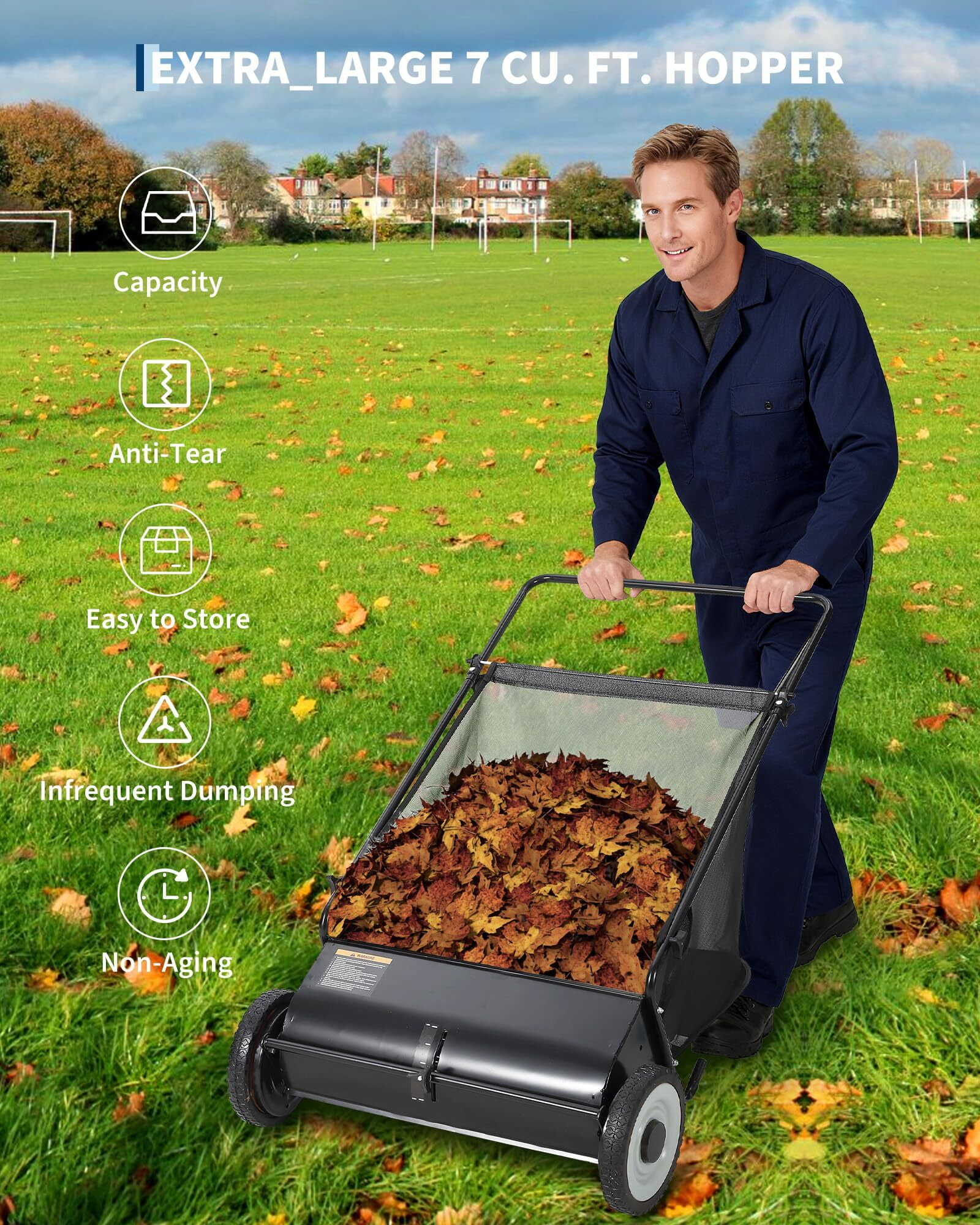 Emorefun 26" Push Lawn Sweeper, 7 Cu.ft. Large Capacity Leaf Sweeper with 4 Spinning Brushes for Lawn, Yards, Sidewalks, Black
