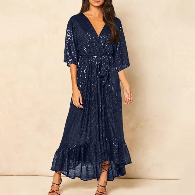 TMOYZQ Robes Formelles pour Femmes Mode Robes Maxi à Sequins Aguichant Col en V Manches Mi-Longues Robe Portefeuille Ample Pailletée Robe de Cocktail Soirée Robe de Fête