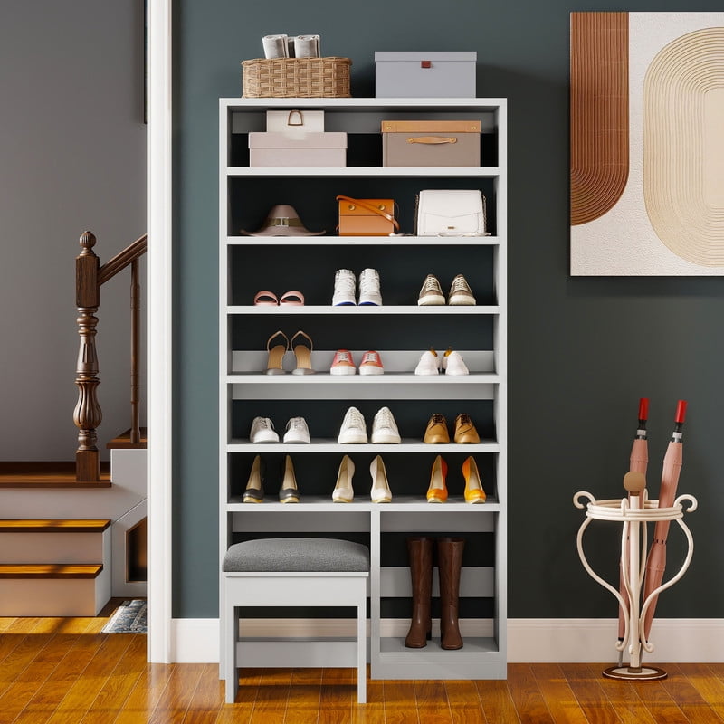 UFORIC 8-Tier Shoe Cabinet with Bench, 70.9" Tall Open Shoe Storage for Entryway, White