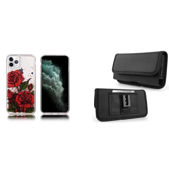 Liquid Glitter Case for iPhone 14 Pro Max and Belt Holster Pouch - Red Rose