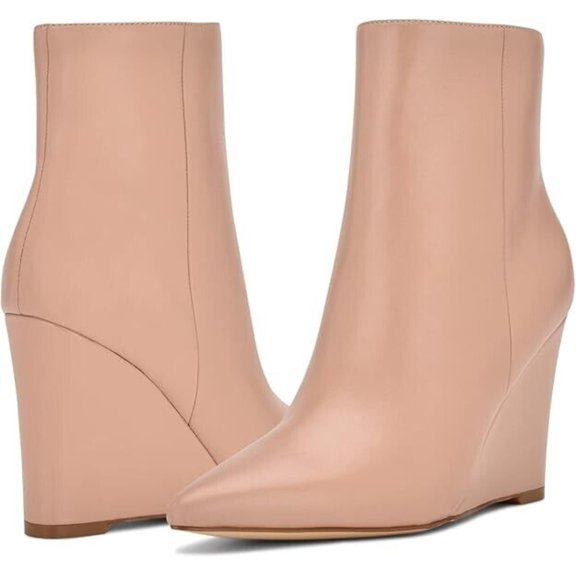 Nine West Paes Boots Women's US 9.5 Nude Leather Wedge Heel Ankle Booties KHD569