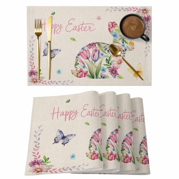 Easter Bunny Placemats Set of 8, Spring Flower Daisy Tulips Vintage Leaves Placemats for Dining Table, Place Mats for Kitchen Tabletop, Waterproof Wipeable Dining Table Mats Set