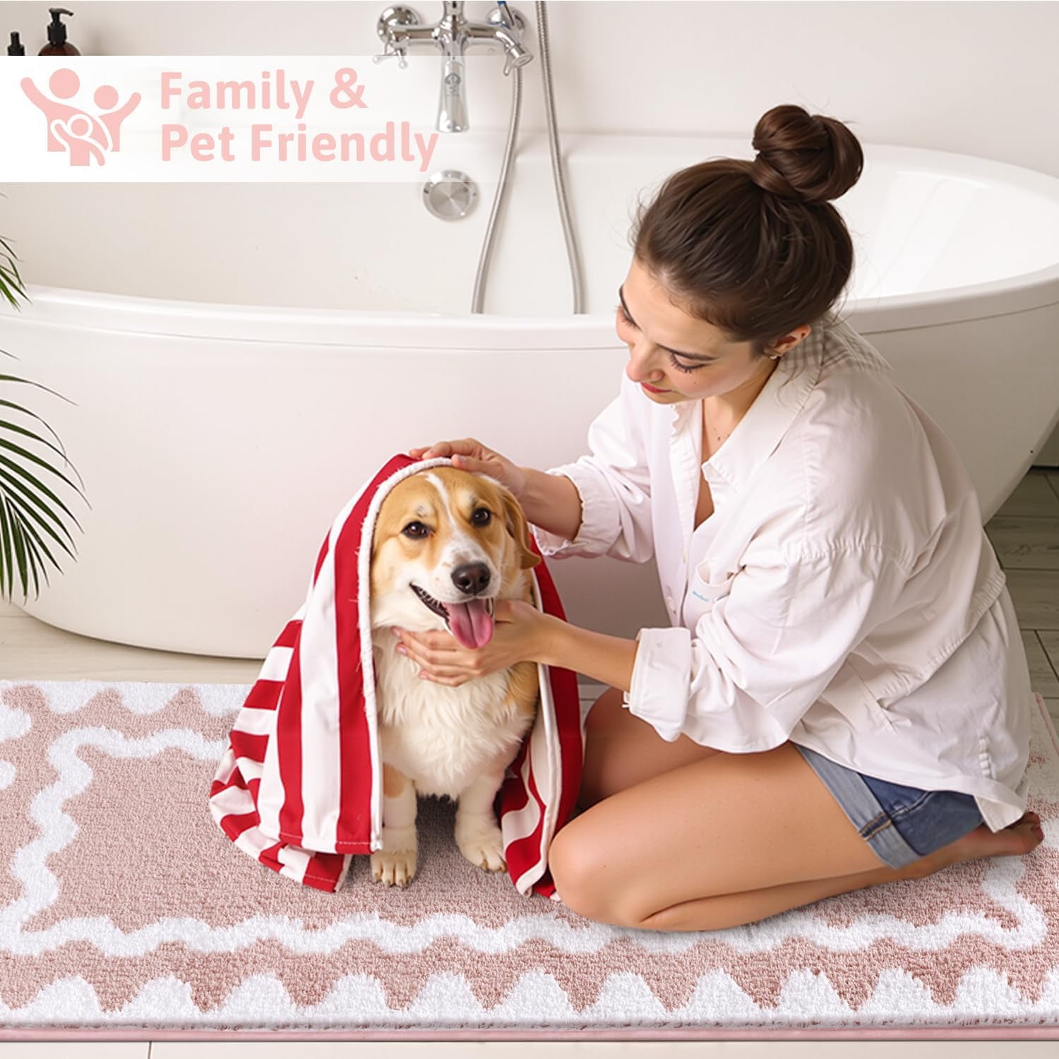 Bathroom Rugs Sets 5 Piece, Absorbent Soft Non-Slip Washable Microfiber Shaggy Bath Mat Set with Bathroom Runner Rug, U-Shaped Toilet Rugs, Shower Rug & Toilet Lid Cover, Navy-White