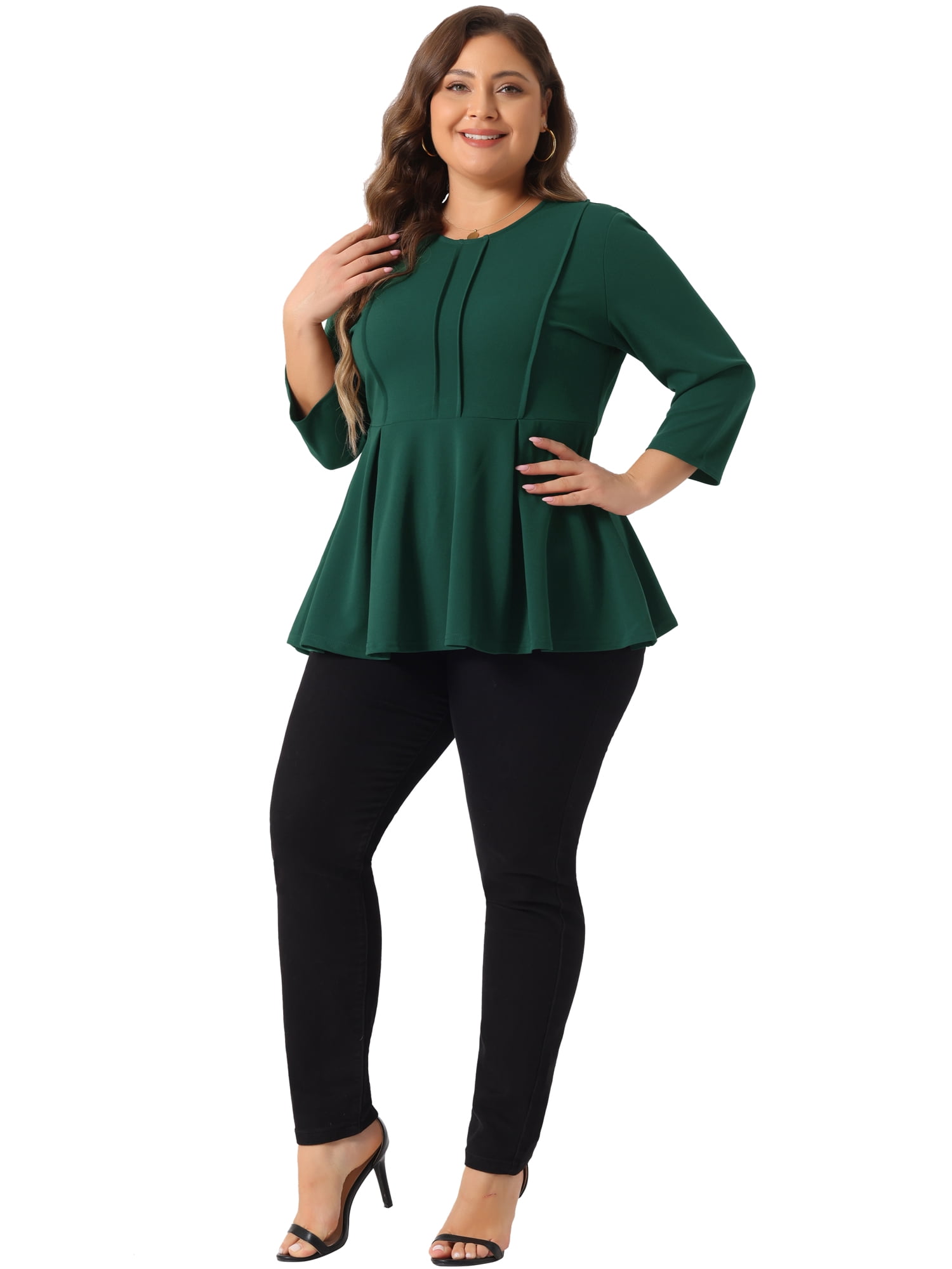 DARING DIVA Women's Plus Elegant Crew Neck 3/4 Sleeve Peplum Top 4X Green