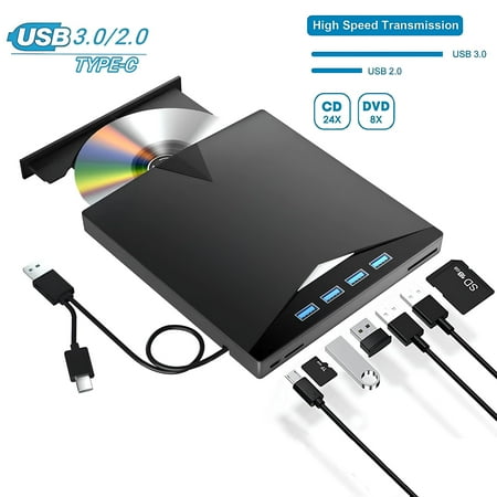 External CD DVD Drive for Laptop, [7 in 1] USB 3.0 Type-C External DVD Player Portable CD/DVD ROM Burner with TF/SD Card Slots, Optical Disk Drive for Desktop PC Windows 11/10/8/7 Linux Mac OS