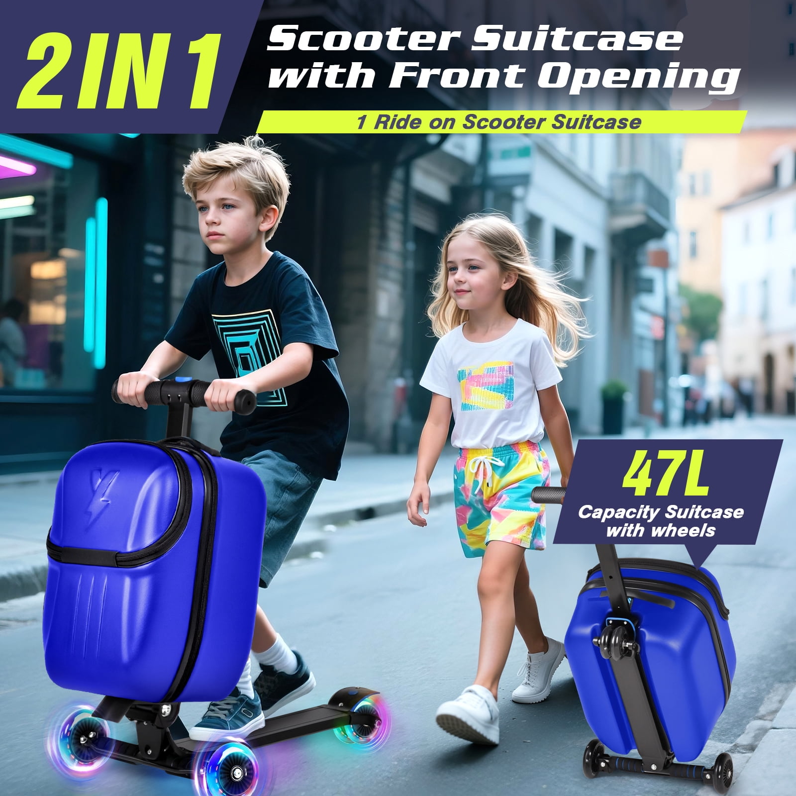 Advwin Scooter Suitcase with Top Opening & LED Light-up Wheel, Lightweight Hardshell Foldable Ride-On Luggage with Adjustable Handle for Travel, Blue