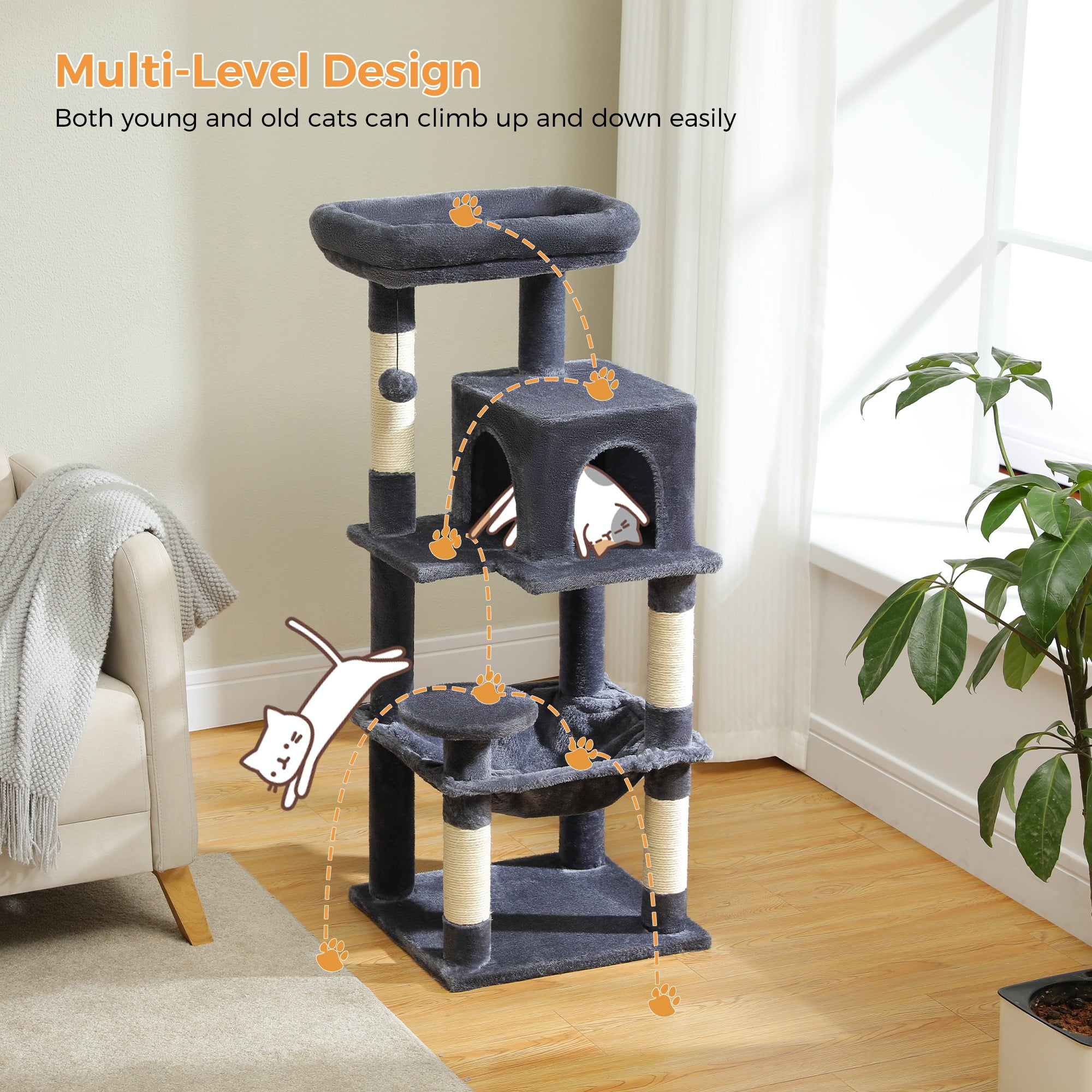 resenkos 45" Cat Tree Tower for Indoor Cats, 5-Level Cat Condo for Large Cats with Large Hammock, Big Top Perch and 4 Sisal Covered Scratching Pos, Green