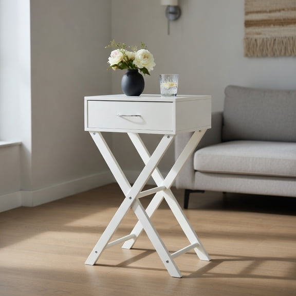 Topcobe Design Sofa Side Table with X-Shape Drawer for Living Room Bedroom, Small End Tables for Small Spaces, Living Room Furniture, White