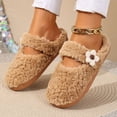 thumbnail image 5 of Women Curly Fleece Crochet Flower Mary Jane Backless Mule Slippers Brown 7.5-8.5, 5 of 9