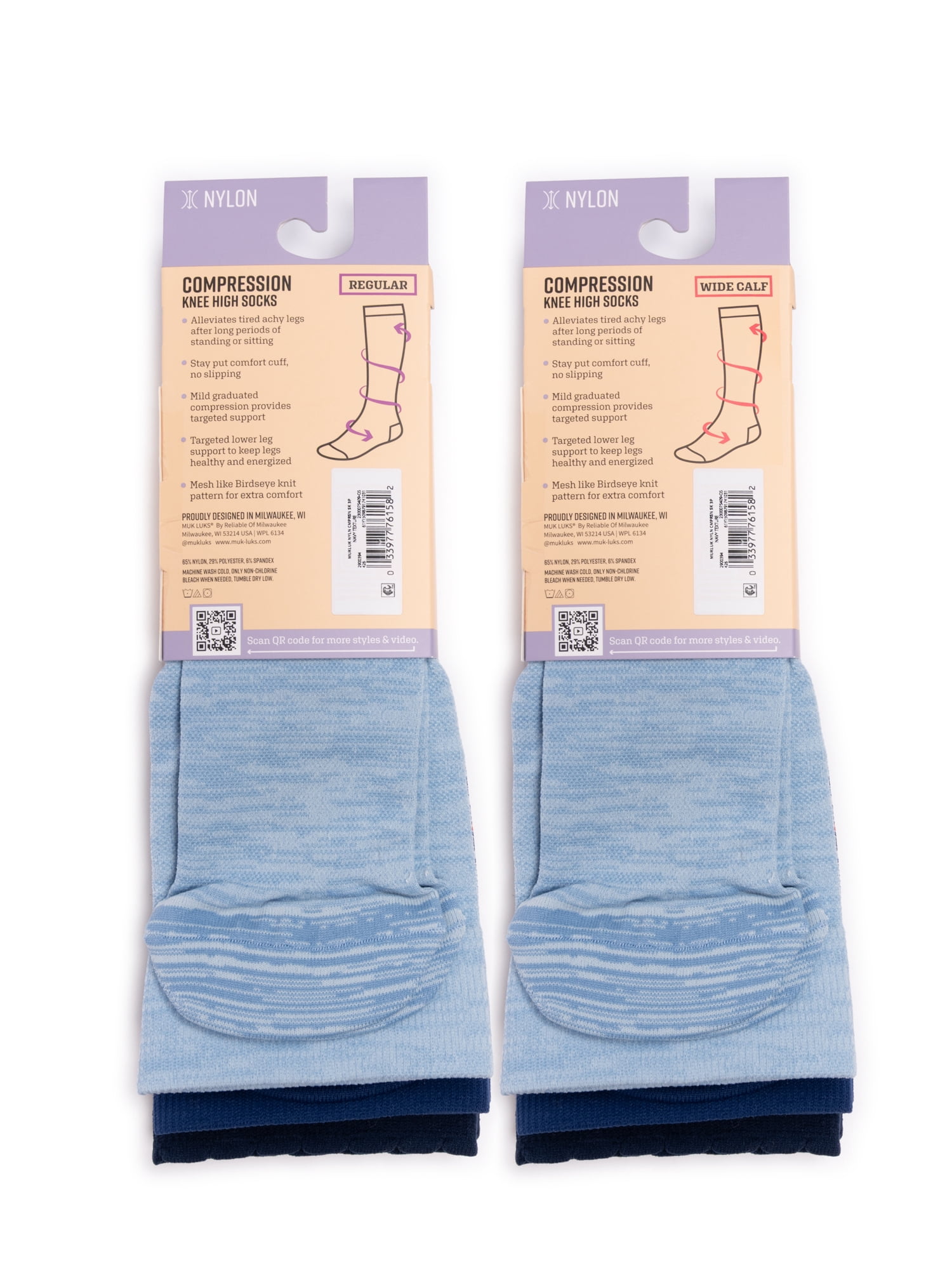 MUK LUKS Women's Wide Width Compression Nylon Knee-High Socks, 3-Pack, Shoe Size 6-10