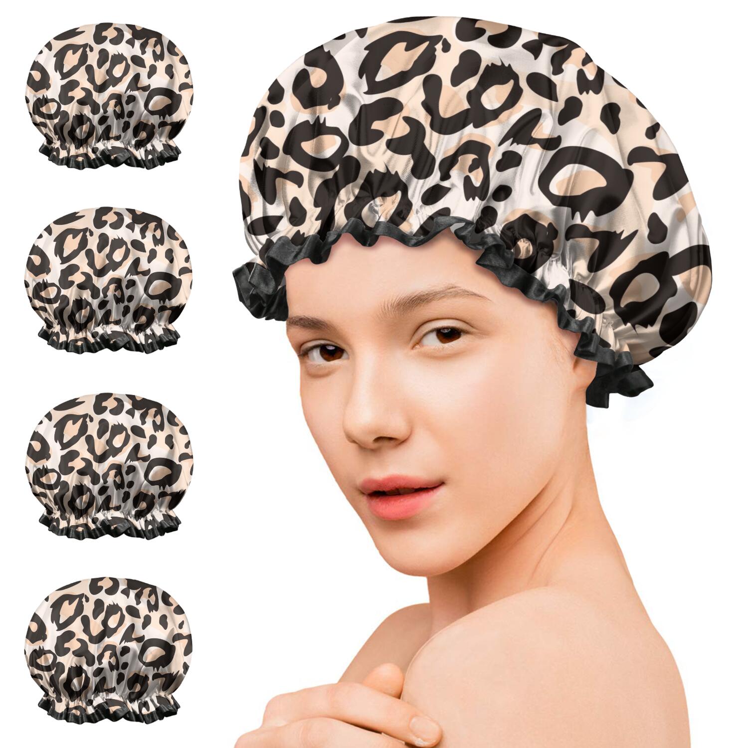 Shower Caps,Beige and Black Of Leopard Print Waterproof Shower Cap for Women 4 Pieces,Double Reusable Hair Cover for Shower PEVA Elastic Stretch Hem