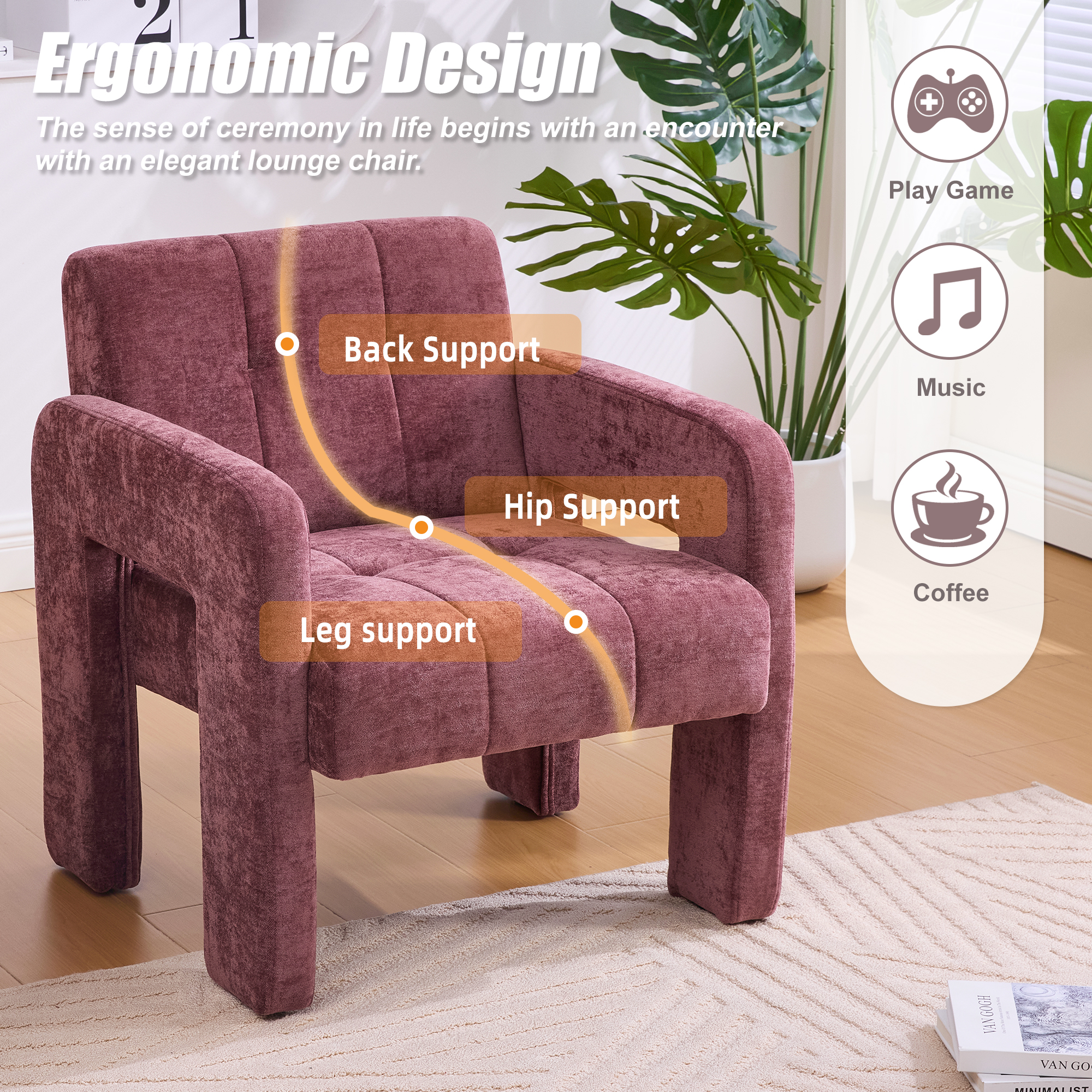 MOONMISS Chenille Upholstered Tufted Comfortable Wood Frame Single Armchair-Wine Red