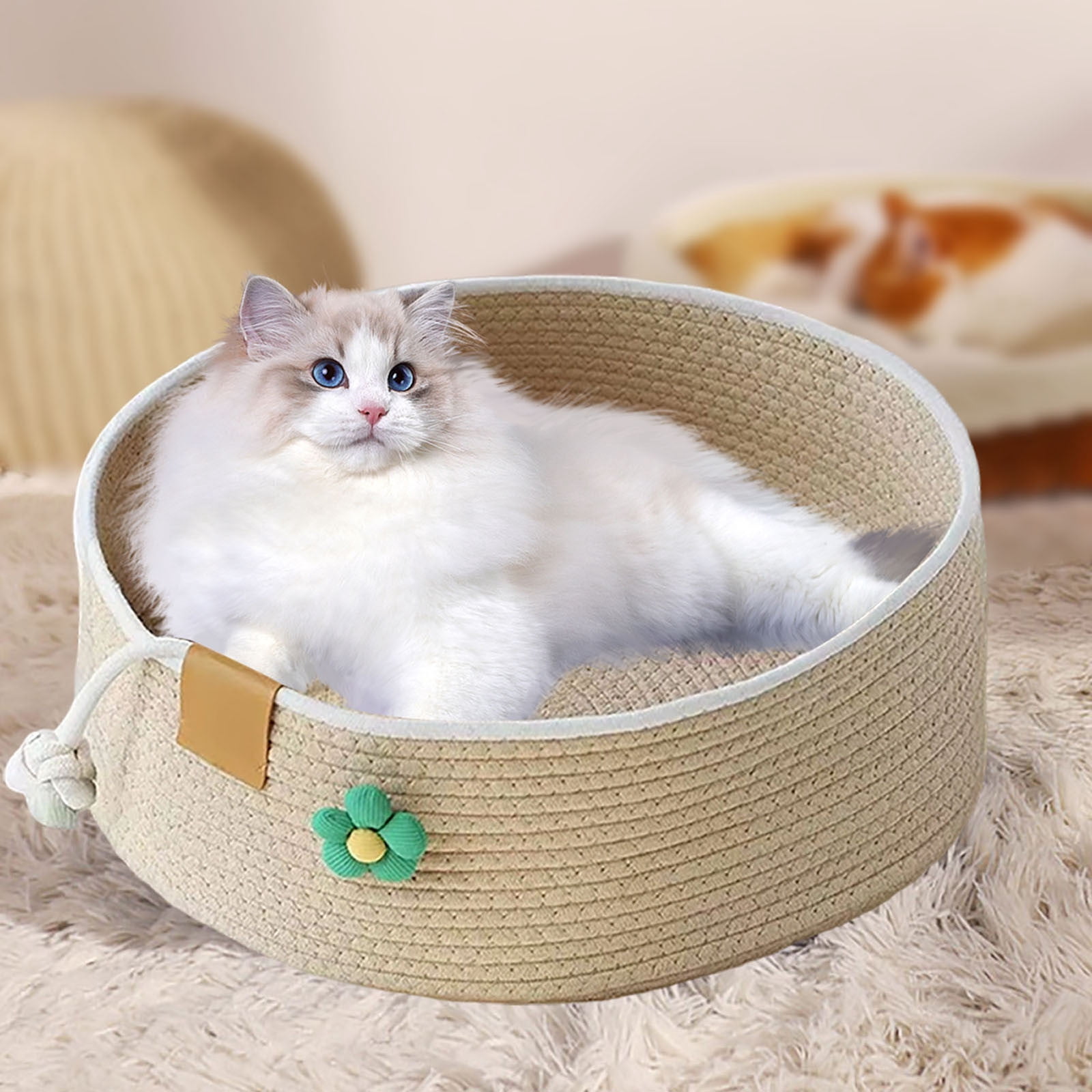 Round Cotton Rope Cat Bed, Woven Scratching Basket for Sleeping 1 Piece, Durable Pet Nest for Medium Cats, Stylish Indoor Kitten House for Living Room 13.8 Inch