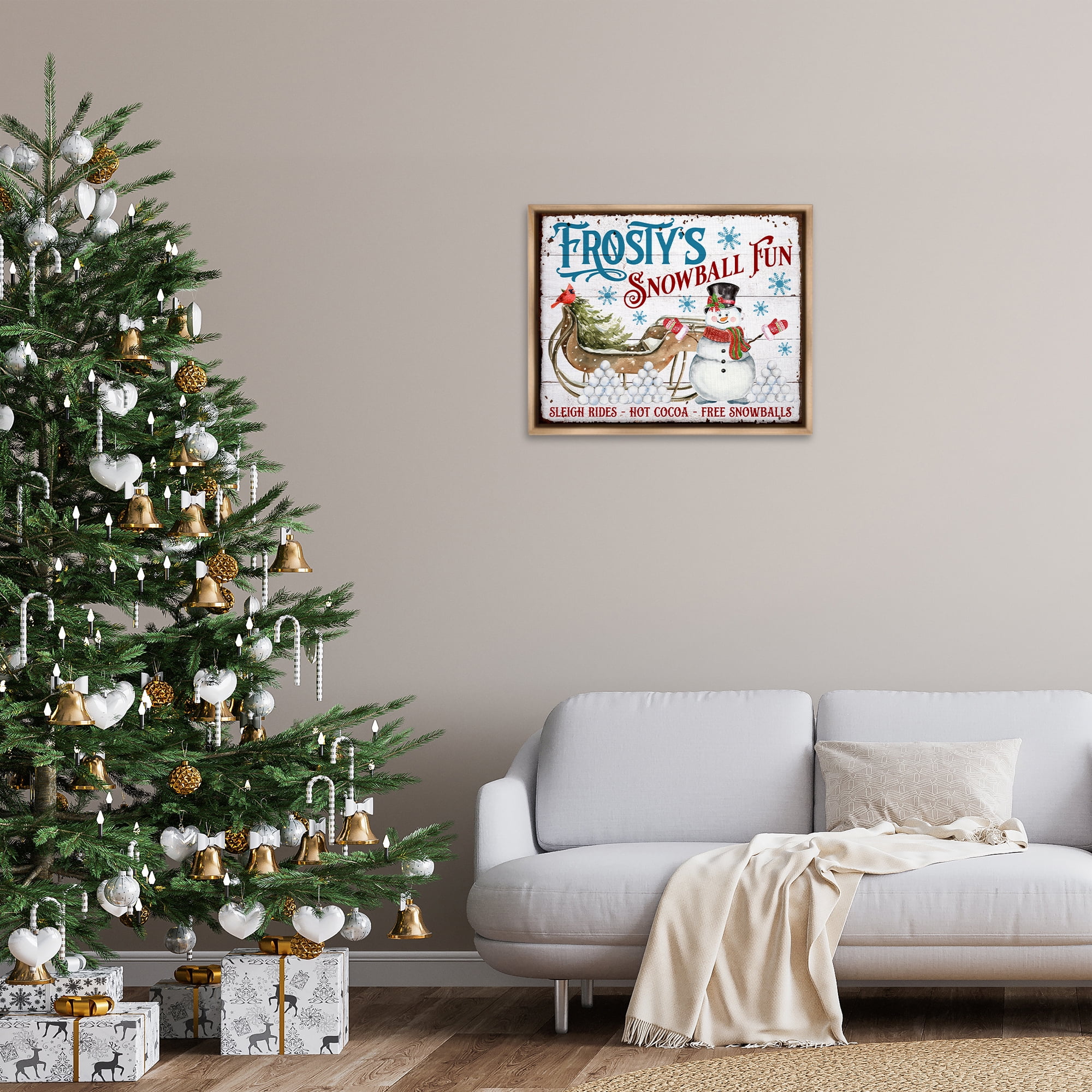 Stupell Industries Frosty's Snowball Fun Holiday Painting Brown Floater Framed Canvas Art Prints Wall Art, 31 x 25