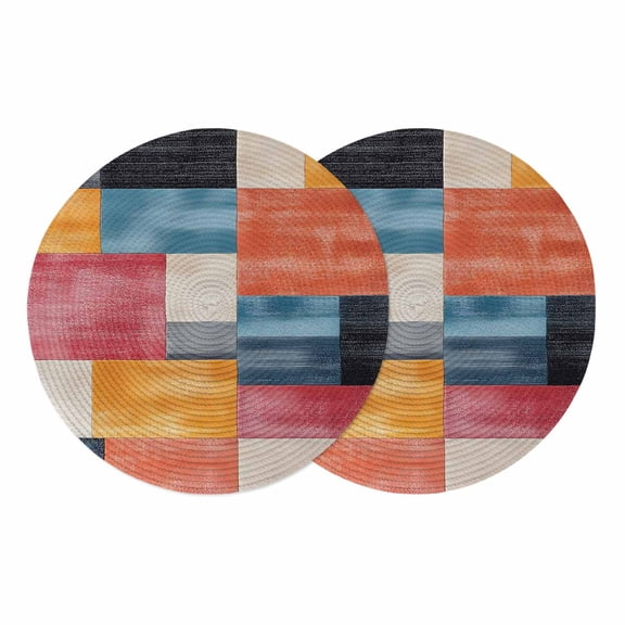 Colorful Abstract Geo Round Placemats Set of 2 Vintage Color Block Place Mats Indoor Woven Table Mats Washable Heat-Resistance Braided Dining Table Placemats for Kitchen Holiday Party Decor 13 Inch
