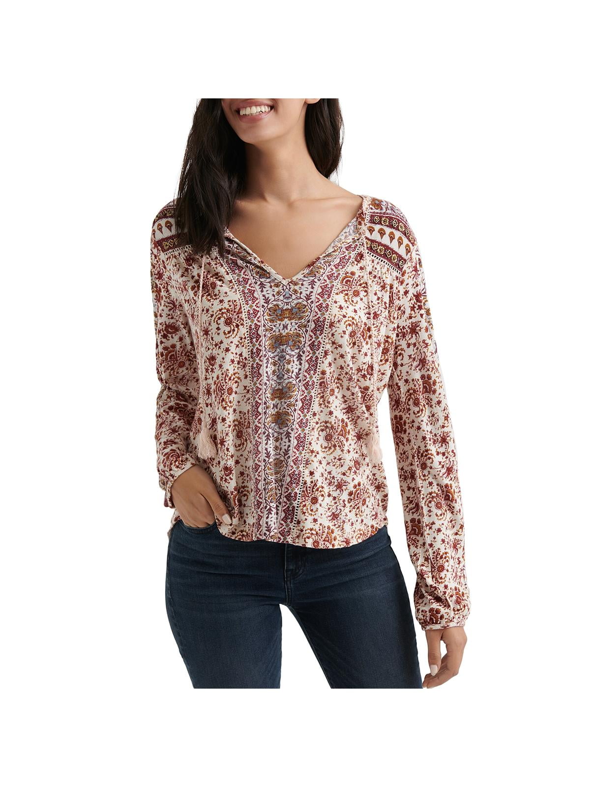 Lucky Brand Lucky Brand Womens Print VNeck Peasant Top Beige S