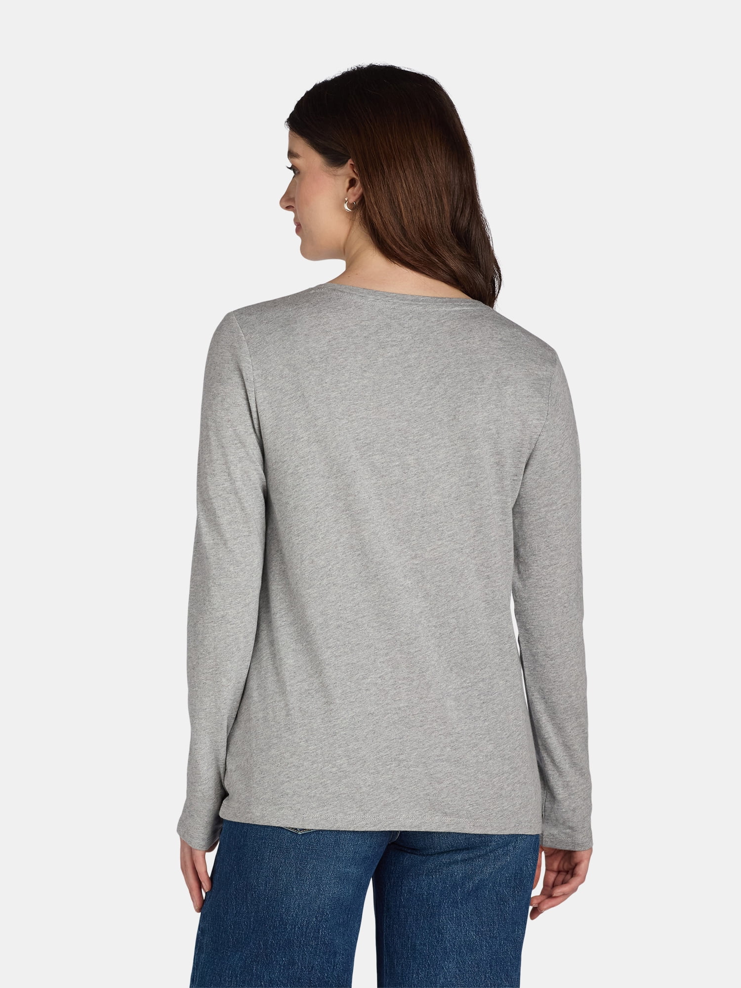 Time and Tru Women's Cotton Crewneck Tee with Long Sleeves, Single and 3 Pack, Sizes XS-XXXL
