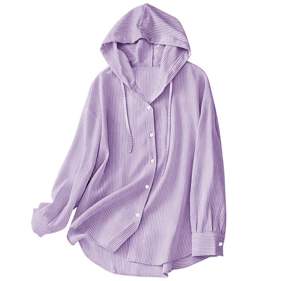 TaTaai Women's Striped Sun Protection Button Down Hoodie Long Sleeve Loose Shirt Jacket for Summer Beach