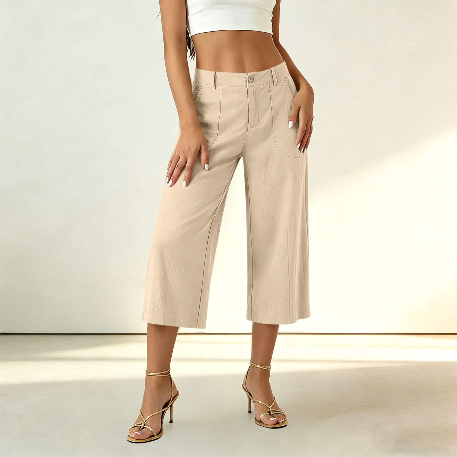 Sahpxhe Womens Capri Pants Elastic Waist Straight Wide Leg Cotton