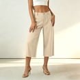 thumbnail image 5 of Yuanlook Women's Tailored Linen-Blend Vacation-Ready Wide-Leg Capri Pants, High-Waist Cropped Trousers with Button Fly & Patch Pockets for Office Wear, 5 of 8