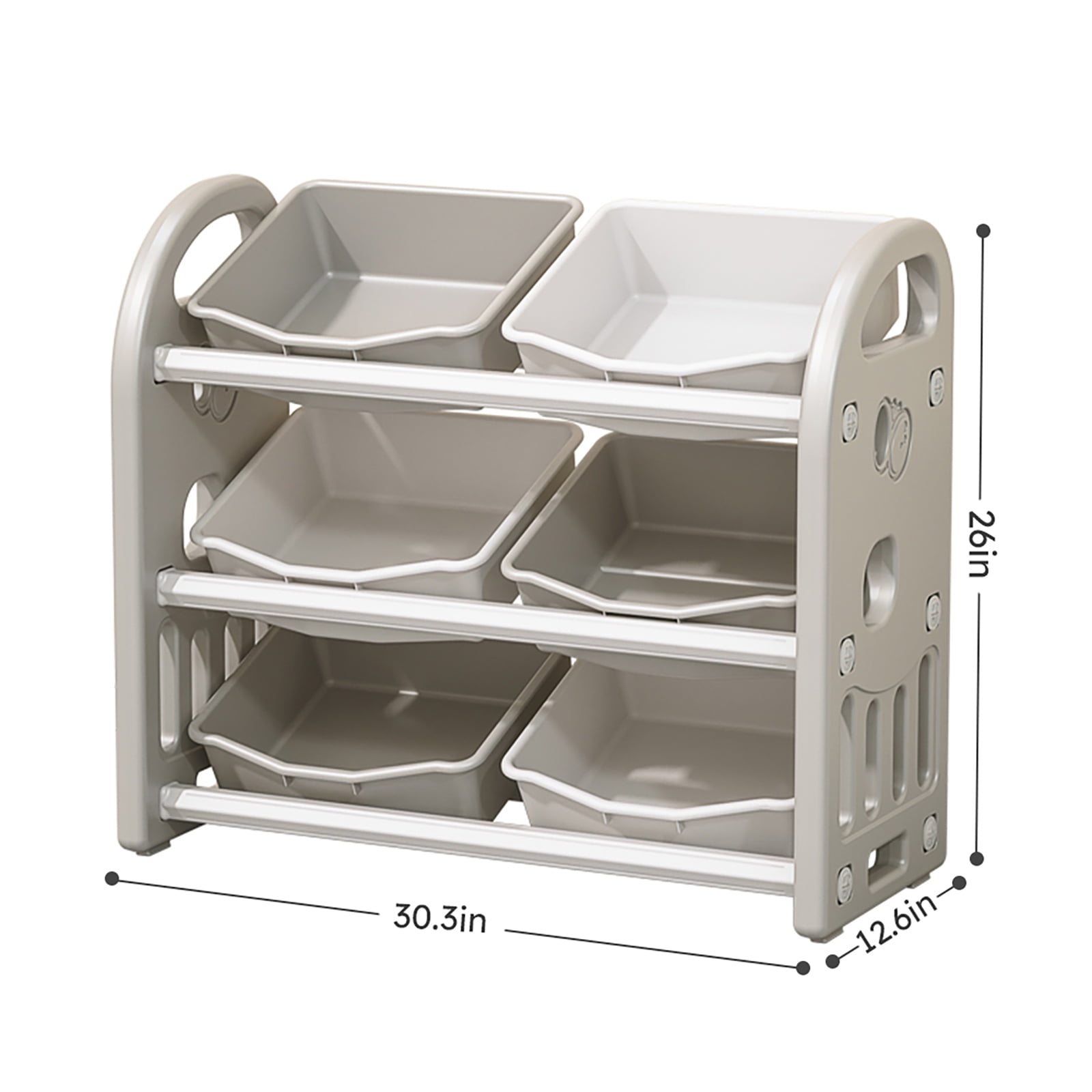 PORKISS Kids Toy Organization Bookcase with 6 Bins, Multi-functional Nursery Storage Organizer Bookshelf with HDPE Shelf for Children's Room Playroom, Grey
