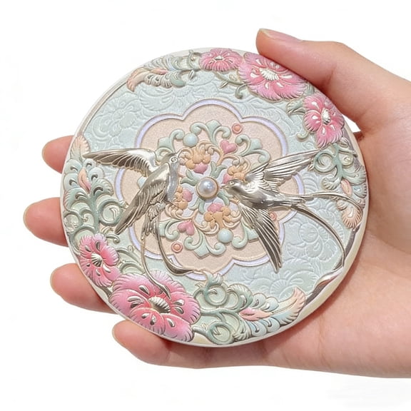 Tang Dynasty Double Lark Embossed Compact Mirror, Lucky Symbol for Happiness, Portable Pocket Travel Cosmetic Makeup Mirror for Handbag