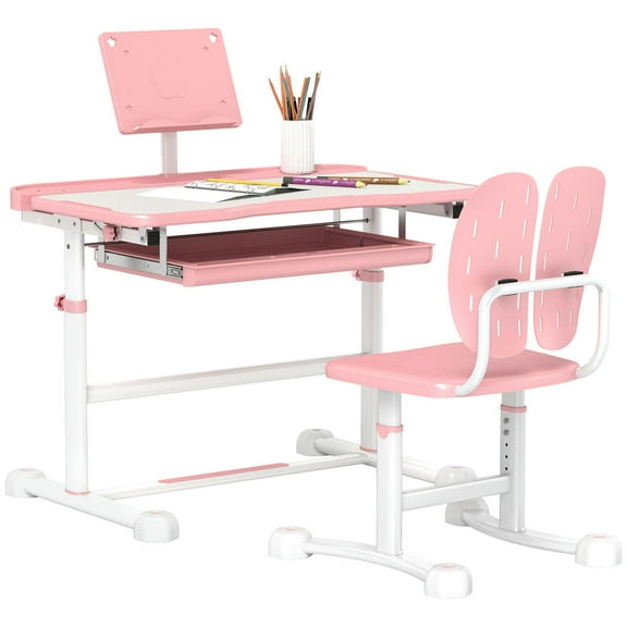 Yardi Yard Kids Desk and Chair Set, Height Adjustable Kids School Study Desk and Chair Set with Tilt Desktop, Storage Drawer & Book Stand for Writing, Reading and Drawing, Pink