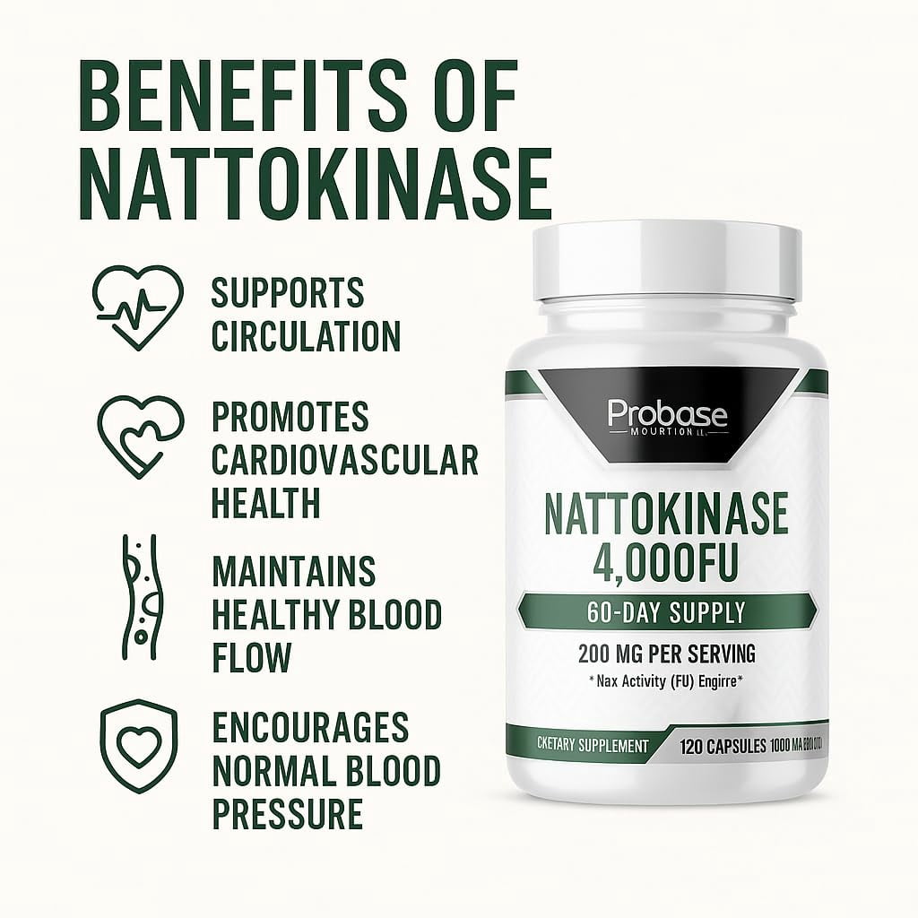 Probase Nutrition Nattokinase Supplement 4,000 FU Servings, 120 Capsules (Derived from Japanese Natto) Systemic Enzymes for Cardiovascular and Circulatory Support