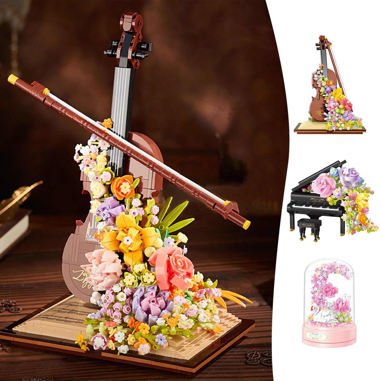 Bwiyojiz Kitchen Decor Accessories Piano Flower Bouquet Building Decoration Set Artificial Flowers with Roses Campanula Home Decoratiion Valentines Day Gifts for Her Him Table Art, Gifts for Her