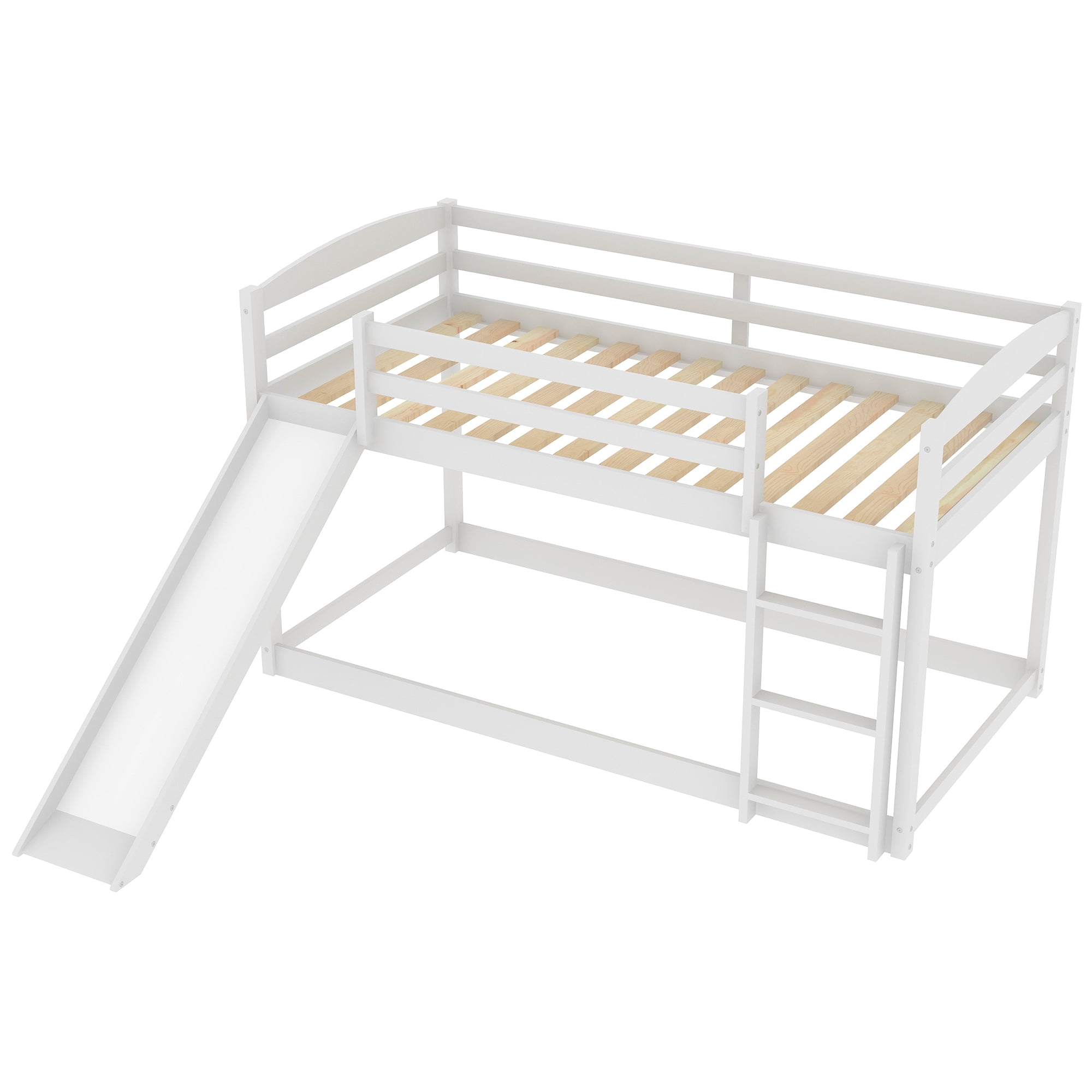 Aukfa Bunk Bed with Slide, Wood Twin-over-Twin floor Bunk Bed for Kids Bedroom, White
