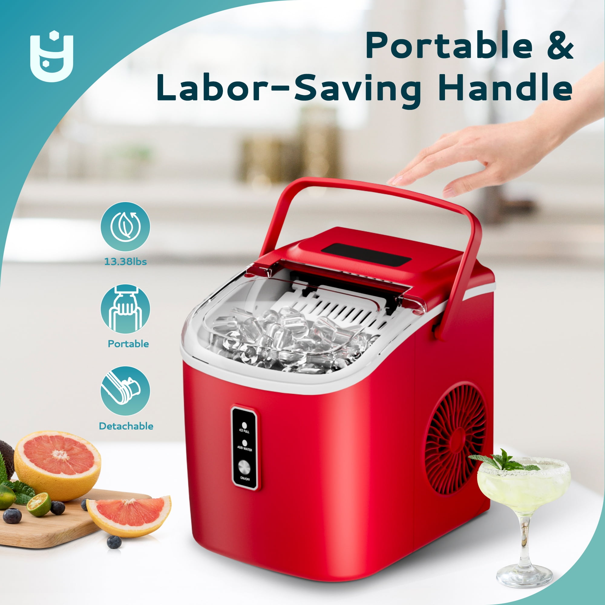 EUHOMY Countertop Ice Maker 26 lbs/Day Portable Self-Cleaning, 9 Bullet Ice in 6 Min, Red