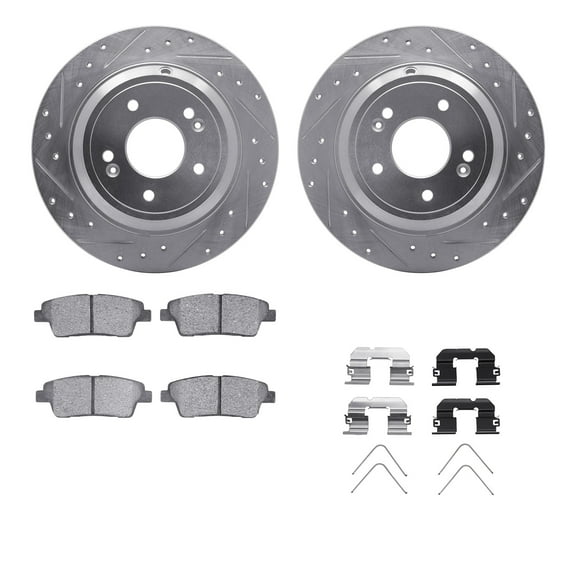 Dynamic Friction Company Rear Brake Rotors-Drilled and Slotted-Silver with 5000 Advanced Brake Pads includes Hardware 7512-03083