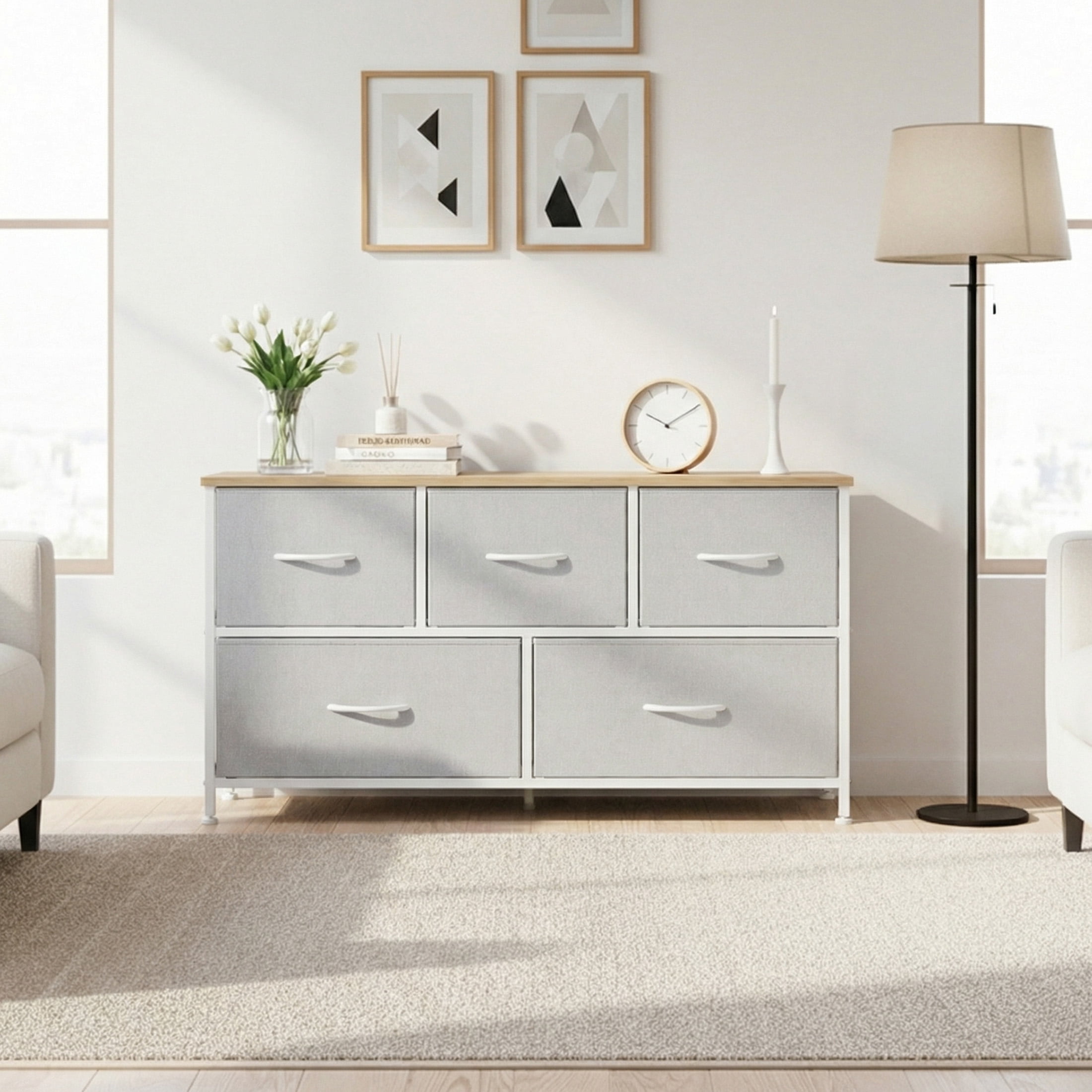 CONCETTA Dresser 5 Fabric Storage Drawer Dresser, TV Stand, Chest of Drawers for Bedroom, Closet, Entryway, Living Room, Light Gray