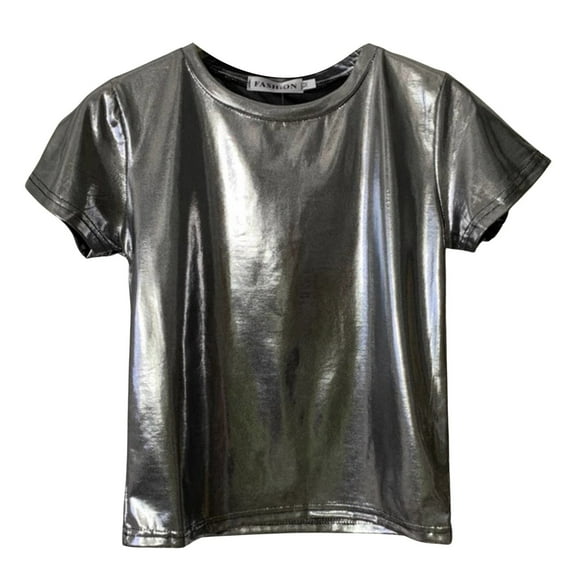 HXWCHs Women's Shiny Short Sleeve Round Neck - Heavy Duty Sequin Party Elegant Fit Blouse Silver L Grey-2