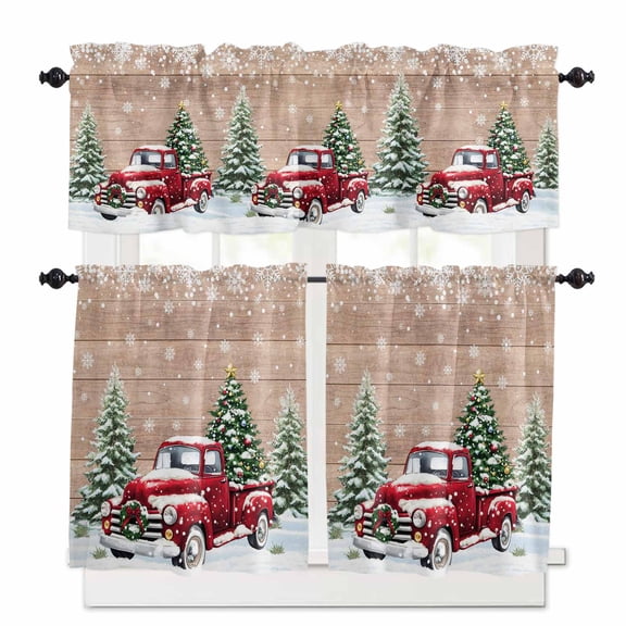 Christmas Red Truck Kitchen Curtains and Valances Set, Winter Car Xmas Trees Snow Wood Grain Rod Pocket Window Valance Window Curtain Panels for Living Room Bedroom Laundry, 27.5x24in, 3 Pieces