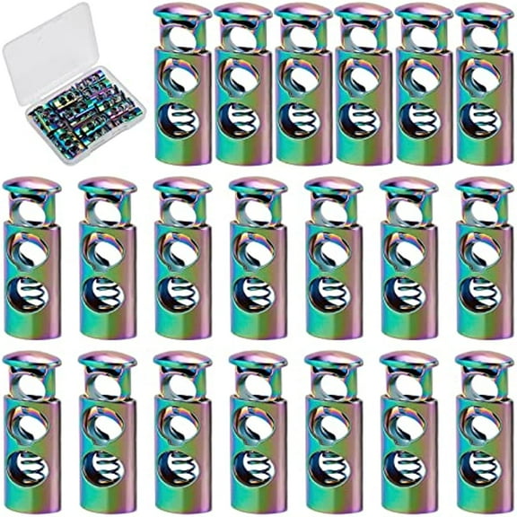 1 Box 20Pcs Alloy Cord Locks Double Hole Metal Toggle Spring Stopper End Loaded Stop Sliding Cord Fastener Locks String Buttons for Drawstrings Shoestrings Sweatpants Backpacks Rainbow