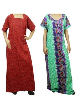 Mogul 2 pc Women's Green Red Nighty Maxi Dress Printed Cotton Bohemian Night Wear Caftan L