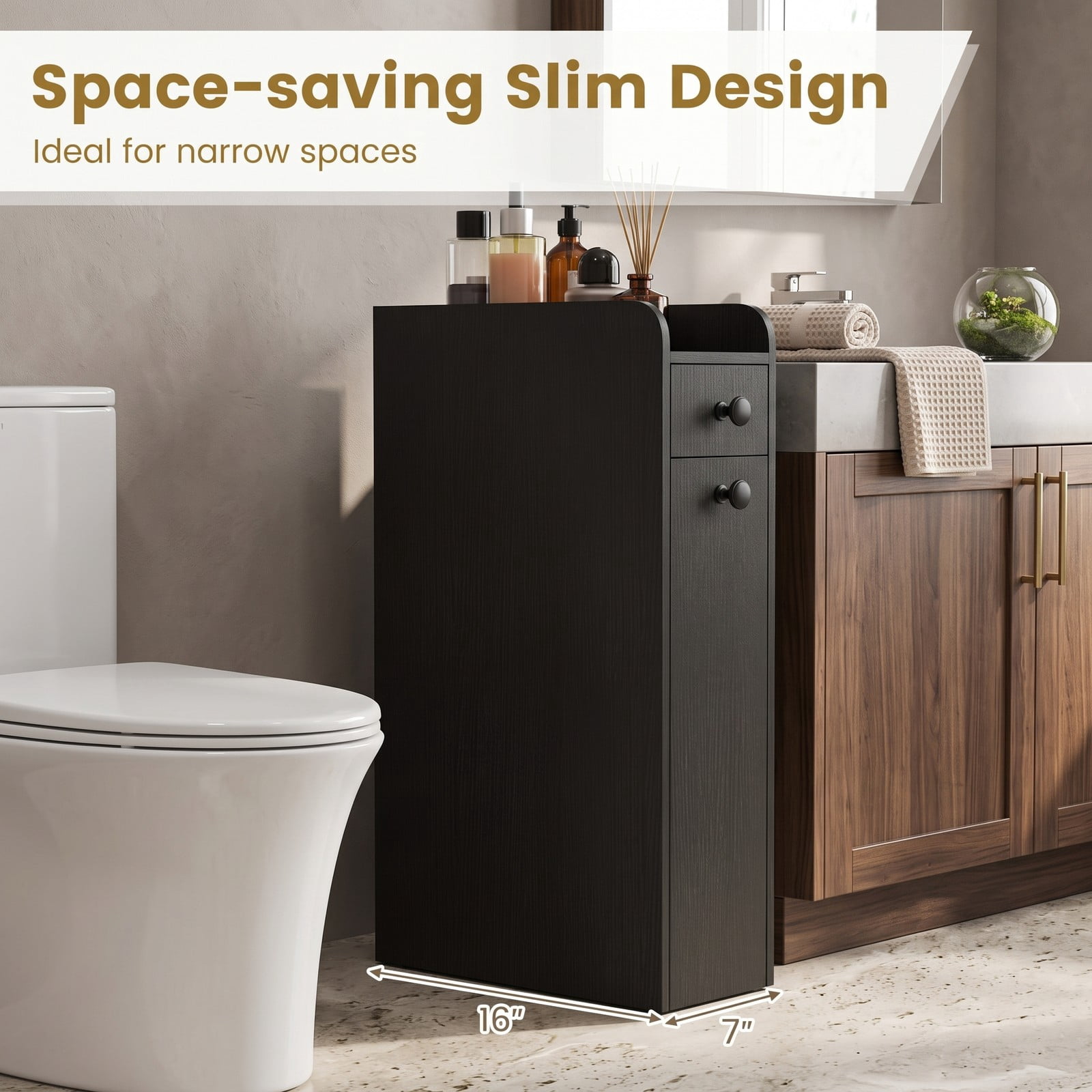 Fenbeli Small Bathroom Storage Cabinet, 4-Tier Slim Narrow Organizer Tower with 3 Slide-Out Drawers on Casters, Freestanding Rolling Storage for Bathroom, Black