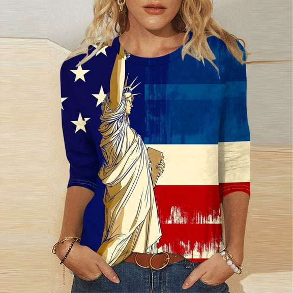 Vetsdori American Flag T Shirts for Women Graphic July Fourth Pullover Summer,3/4 Sleeve Plus Size Crew Neck Independence Day Casual Juniors Tops Fashion