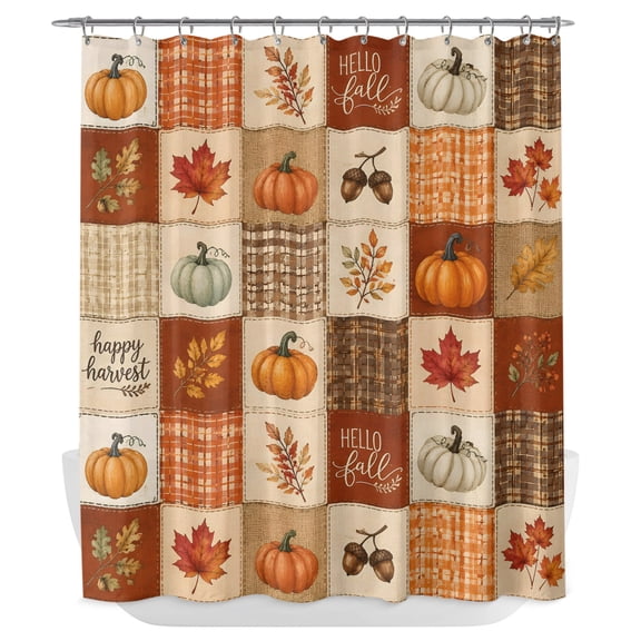 Plaid Fall Pumpkins Shower Curtain - Water Repellent Fabric Shower Curtains Washable, Thanksgiving Autumn Maple Leaf Checkered Decorative Polyester Cloth Bathroom Curtains Modern Bath Decor 72"x84"