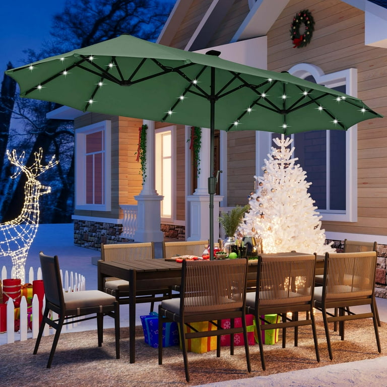 green solar patio umbrella Garvee 10' with 40 LED Lights, Outdoor Market Umbrella with Auto-Tilt Crank & Weather-Resistant Canopy, Dark The growing popularity of cantilever umbrellas due to their adaptability and distinctive looks make them a perfect choice for anyone who wants a premium shade product with maximum usefulness Autlaycil 13 ft Solar LED