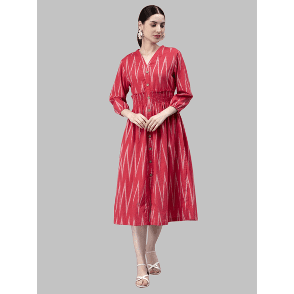 Entellus Ikkat Flared Knee Length Red Dress with V-Neck, Cotton Fabric