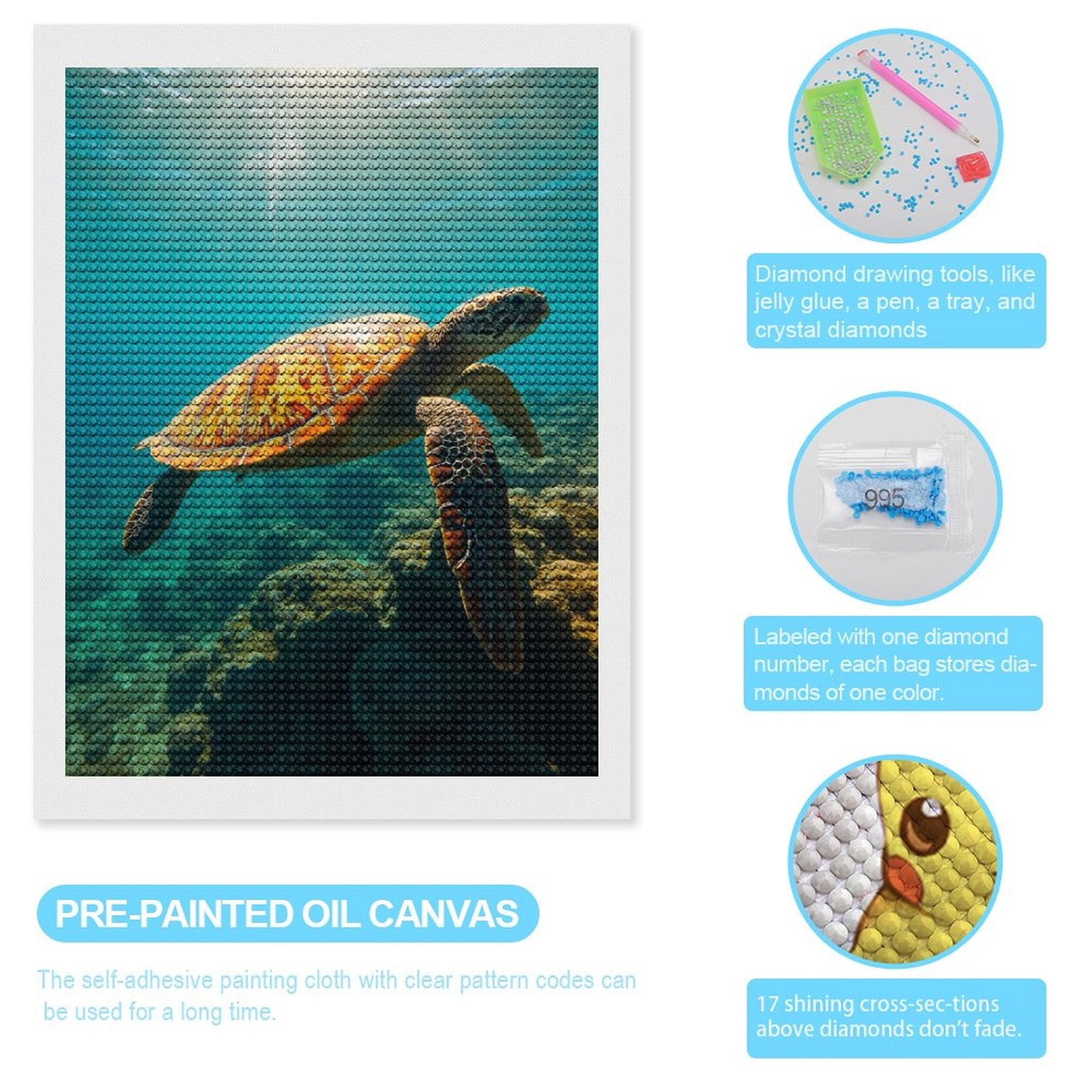 Diamond Art Kits for Adults, Sea Turtle Swimming Underwater 5D Diamond Painting Kits for Adults Beginners, DIY Full Drill Diamond Painting, Gem Art and Crafts 12x16