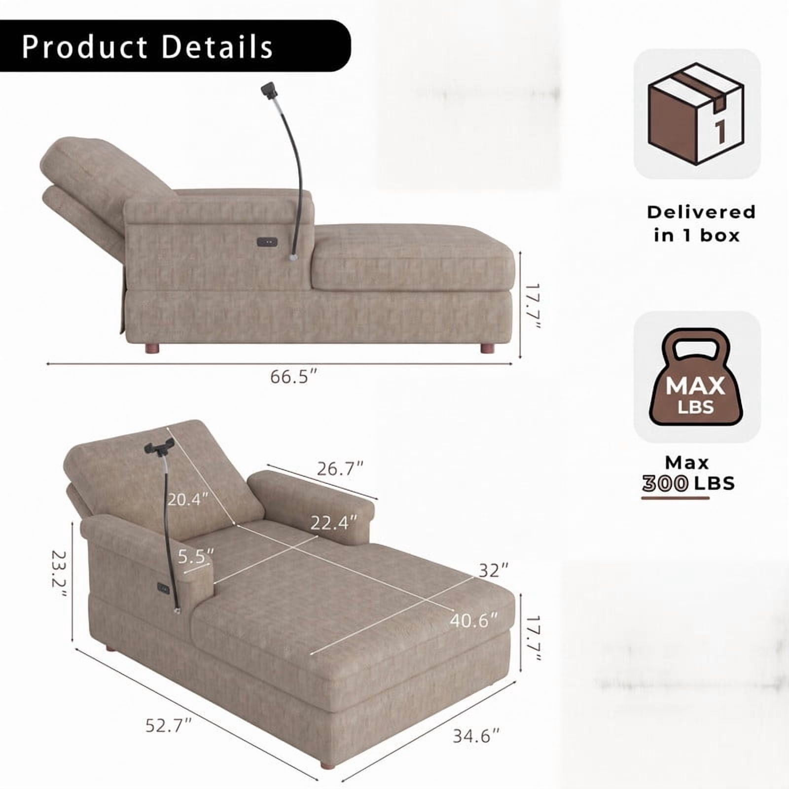 Gewnee Oversized Chaise Lounge Chair Indoor, Upholstered Sofa Bed with Phone Holder&USB Ports, Deep Seat Sofa Single Sleeper for Living Room (Little Brown)