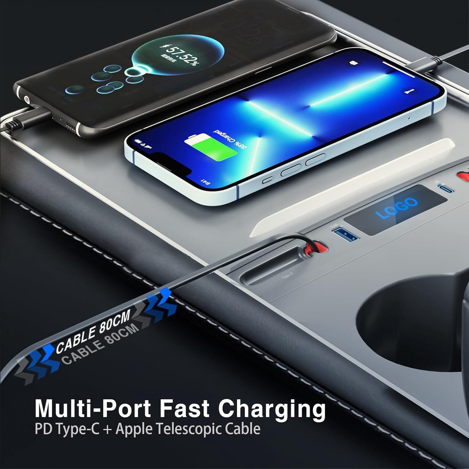 Car USB Charger for Tesla Model 3 Model Y 2024 2023 2022 2021, Upgrade Touch Switch Model 3 Model Y USB Hub with Retractable Cable for Tesla Interior Accessories (Not fit Model 3 2024 Highland)