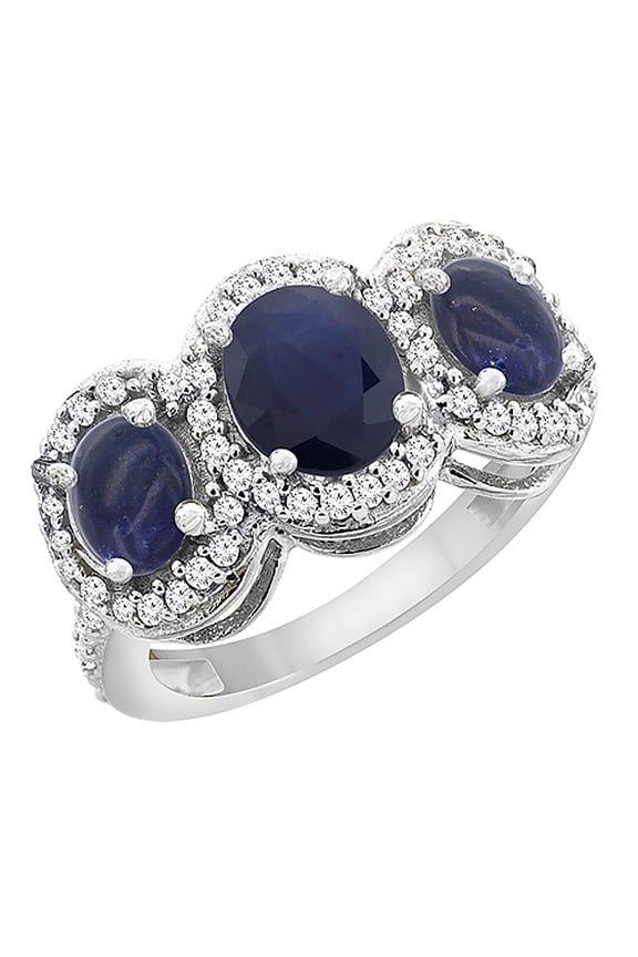 14K White Gold Natural Blue Sapphire & Lapis 3-Stone Ring Oval Diamond Accent, size 5