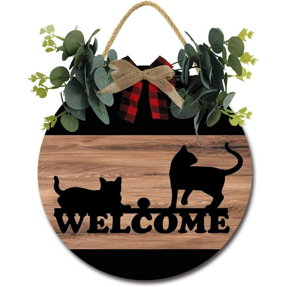 Eveokoki 12" Rustic Sign Welcome Cats Sign Door Decor Wooden Front Door Hanger Wall Art Door Hanging Fall Winter Farmhouse Indoor Outdoor Home Porch Yard Decor